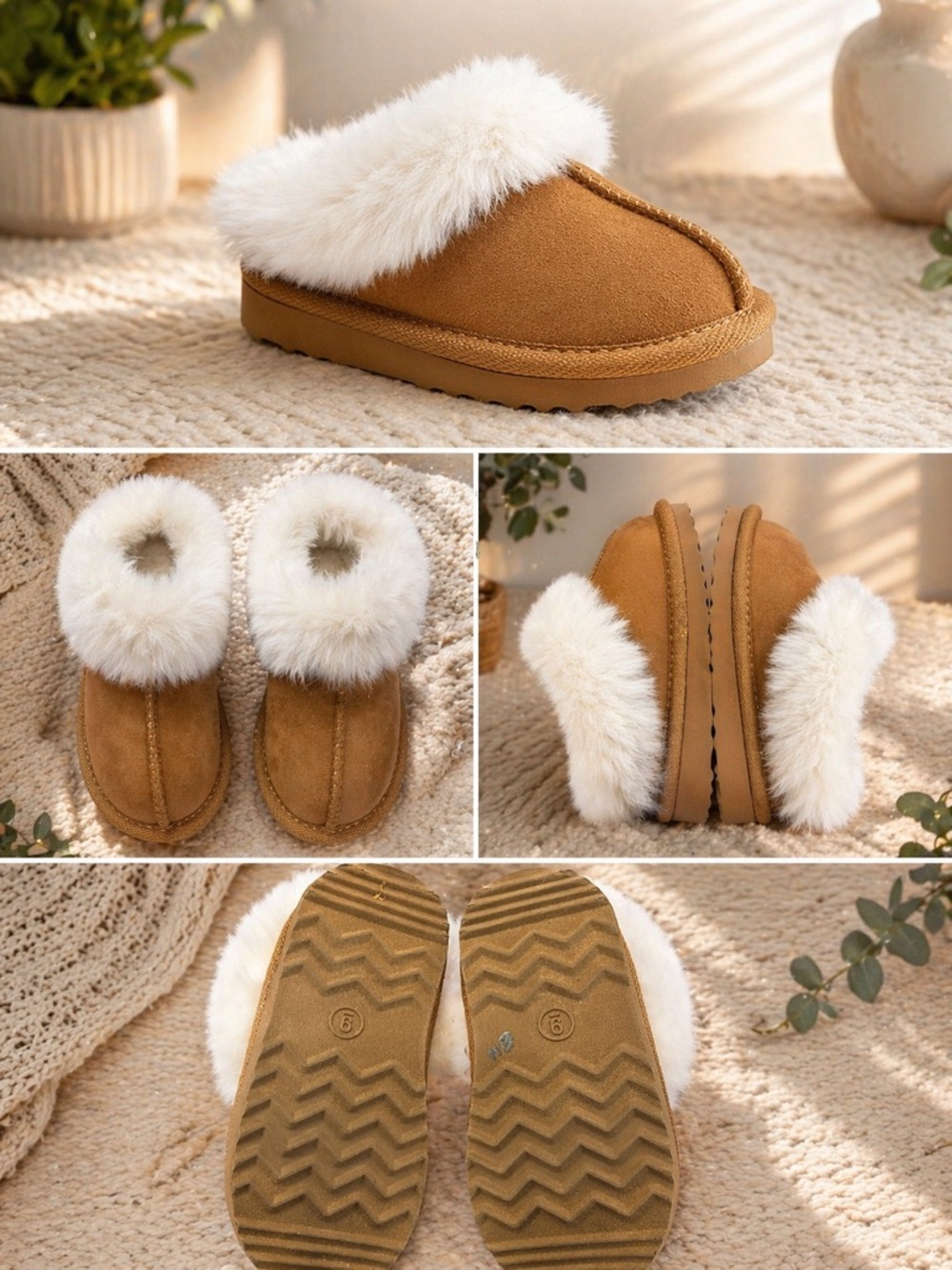 Target Kids Tan Slippers with White Faux Fur Trim